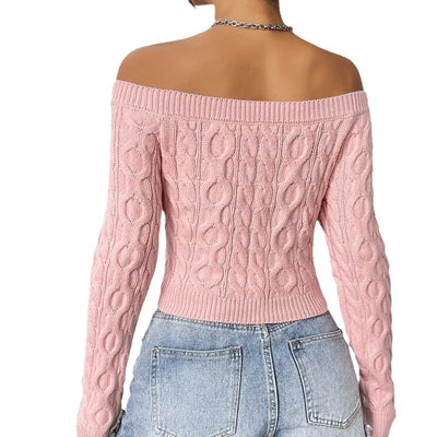 Autumn Women's Knitted Sweater Solid Color Sexy Short Style Autumn/Winter New One Piece Neck Off Shoulder Knitted Sweater 2024