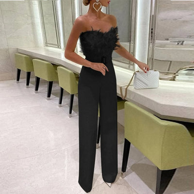 Women's Feather Trim Jumpsuit - Sexy Tube Top Evening Playsuit | High-Waisted Sleeveless Party Jumpsuit for Nightclub & Events