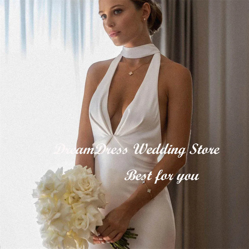 DREAM Customized Simple V-Neck Halter Mermaid Crepe Wedding Dress For Women Boheimian Backless Sweep Train Bridal Gown 2025