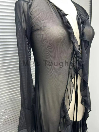 Vintage Y2k Black See Through Long Cardigan Women Sexy Grunge V-neck Streetwear Tops Summer Chic Aesthetic Bandage Slim Blouse