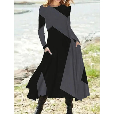 New 2024 Women's Casual Elegant Party Dress Contrast Color Ladies Spring Autumn Loose Long Sleeve Dress with Pockets Midi Dress