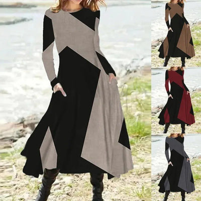 New 2024 Women's Casual Elegant Party Dress Contrast Color Ladies Spring Autumn Loose Long Sleeve Dress with Pockets Midi Dress