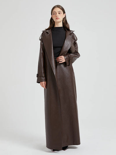 Lautaro Spring Autumn Extra Long Brown Pu Leather Trench Coat for Women Sashes Luxury Chic Overcoat Runway European Fashion 2024