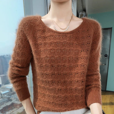 2025 Autumn And Winter New 100% Pure Mink Fur Knitted Hollow Sweater Women's Sexy U-neck Cashmere Sweater Loose Top DBR041