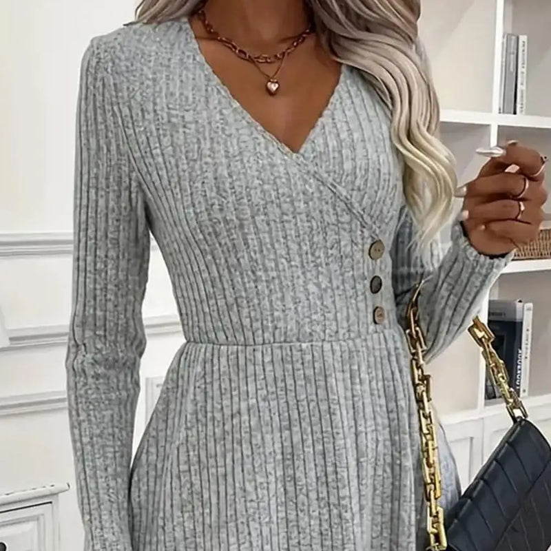 Autumn Winter Sweater Dress V Neck A-line Knitted Dress Long Sleeves Big Hem Midi Dress