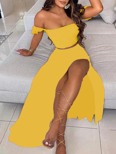 2-Piece Boho Chic Ensemble Off-Shoulder Smocked Tube Top&Floral High-Waist Split Maxi Skirt Summer Women Casual Wear Dress Sets