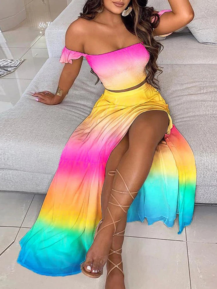 2-Piece Boho Chic Ensemble Off-Shoulder Smocked Tube Top&Floral High-Waist Split Maxi Skirt Summer Women Casual Wear Dress Sets