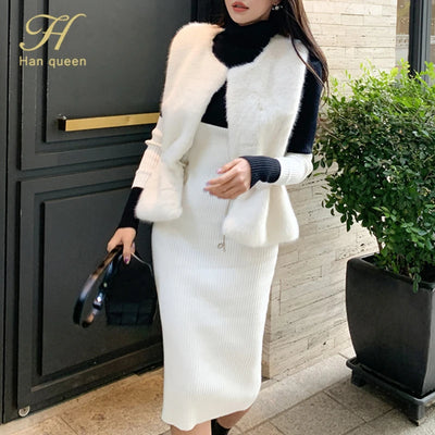 H Han Queen New Winter Turtleneck Women Dress Knitted Sheath Dresses Woman Elegant Slim Colorblock Mid Sweater Pencil Vestidos