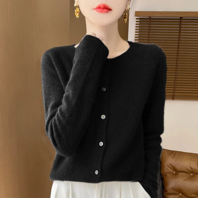 100% Merino Wool Long Sleeve Sweaters Cashmere Cardigan Spring Autumn Women O-Neck Knitwear Tops Clothing Fashion Basic Tops