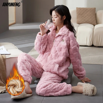 Winter Flannel Women Pajamas Zipper Lapel High-neck Sleepwear Sleepwear Thick Fluffy Loungewear Cardigan Pijamas sporty Homewear