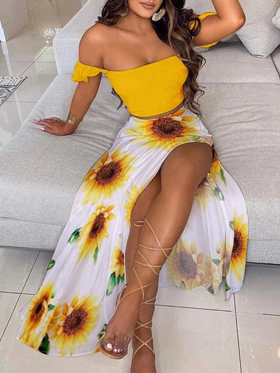 2-Piece Boho Chic Ensemble Off-Shoulder Smocked Tube Top&Floral High-Waist Split Maxi Skirt Summer Women Casual Wear Dress Sets