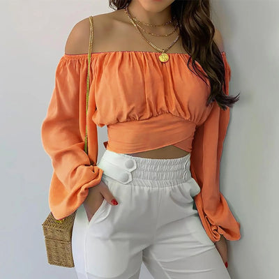 Sexy Slash Neck Backless Long Lantern Sleeve Floral Print Blouse Tops Summer Women Criss Cross Bandage Cropped T Shirt Tops