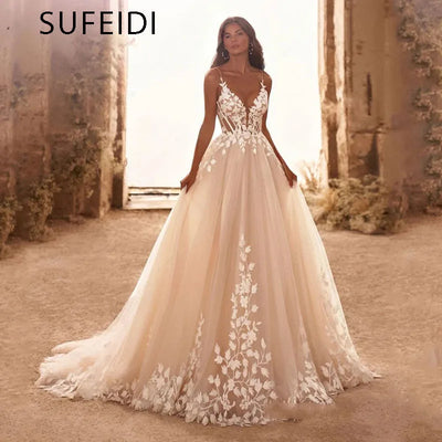 Elegant V-neck Wedding Dresses Spaghetti Straps Appliques Corset Boho Tulle Bridal Gown Lace Floor Length Vestidos De Novia