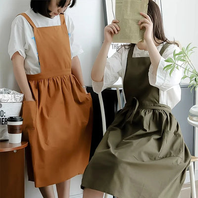 Long Pleated Waterproof Cotton Kitchen Apron for Salon Beauty Women's Anti-dirty Cooking Baking Pinafore Cleaning Work Clothes