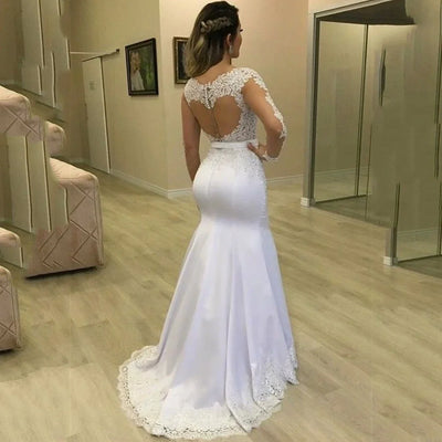 Elegant O-Neck Mermaid Wedding Dresses with Lace Appliques and Long Sleeves Customized