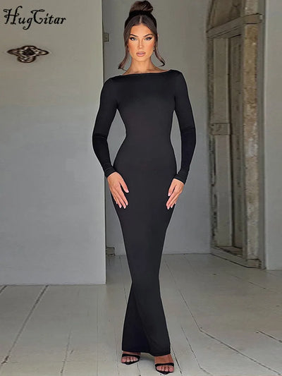 Hugcitar Spring Elegant Long Sleeve Backless Solid Cuched Sexy Bodycon Maxi Prom Dress Women Outfit Evening Party Festival Y2K