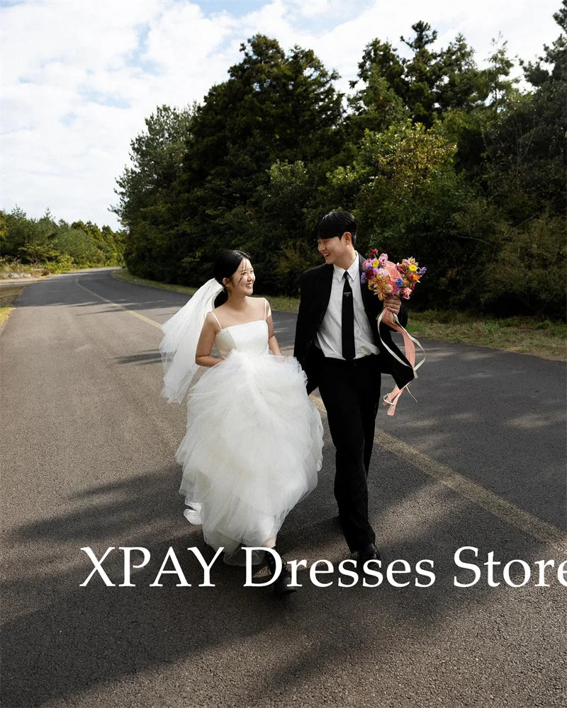 XPAY Princess A Line Tiered Wedding Dresses Korea Photo shoot Spaghetti Straps Layered Bridal Gowns Corset Back Customized