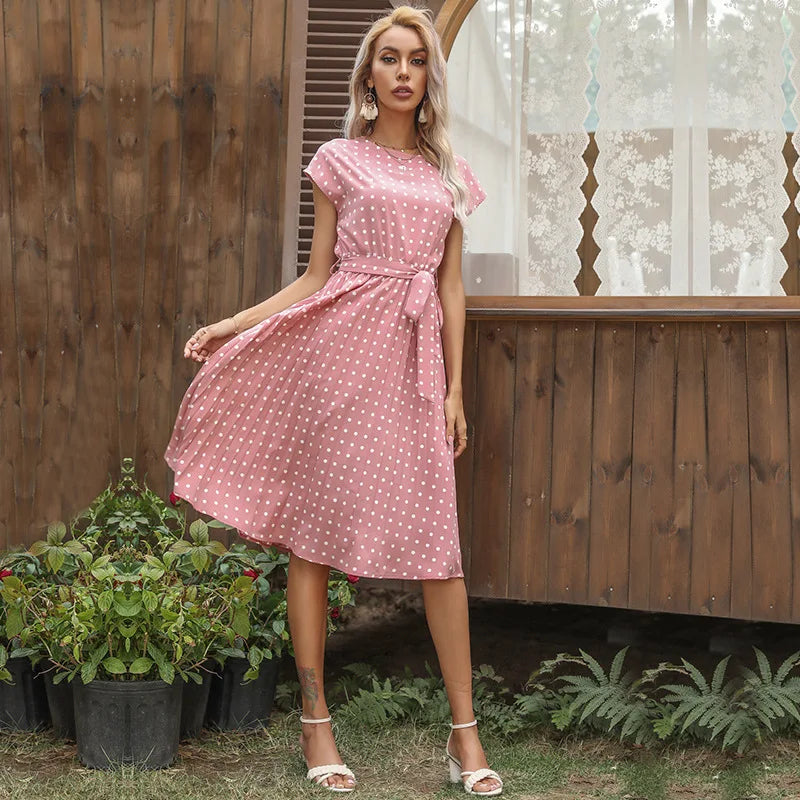 Summer Dresses For Women High Waist Midi Elegant Pleated Polka Dots Office Lady Dinner Party Vacation Dress Female Clothing Robe