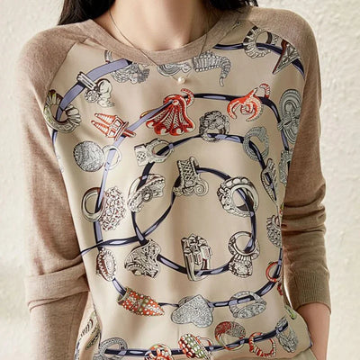 2024 Spring Autumn New Fashion Printing Round Neck Long Sleeve Knitting Pullovers Women Elegant Korean Style All-match Tops