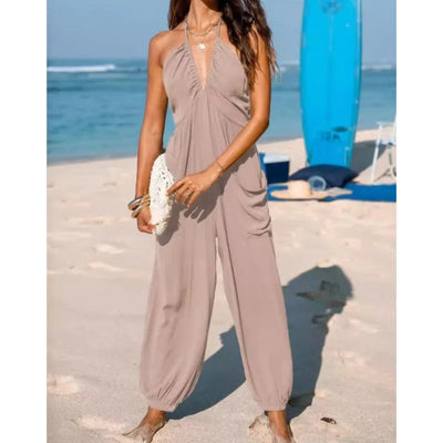 Women's Sexy Deep V-neck Pleated Jumpsuits 2025 New Summer Fashion Solid Color Pockets Halter Neck Backless Foot Binding outfits