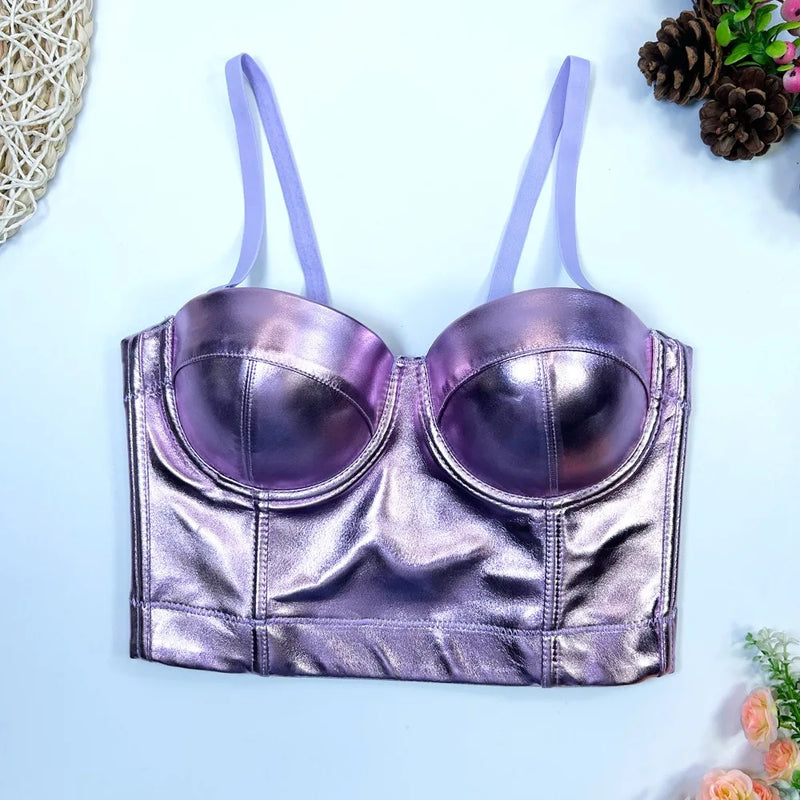 IRENE TINNIE Crop Top Multicolour Sparkle PU Leather Bra Push Up Bralet Women Tube Top Corset Bustier Party Lingerie Streetwear