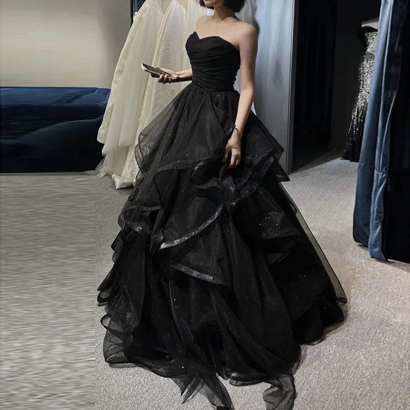 Customized Temperament Black Elegant Wedding Party Dresses Strapless Tiered Draped Prom Robe 2025 New Ball Gown Formal Dress Wom