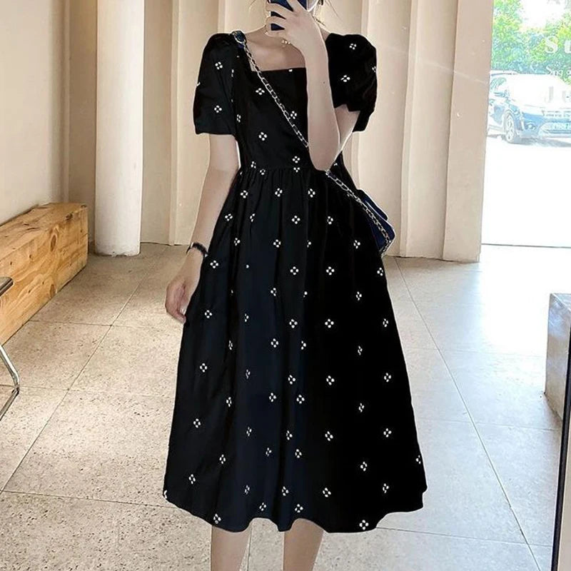 Elegant Women Midi Dress Korean Style Floral Print Square Collar Casual Black Dresses