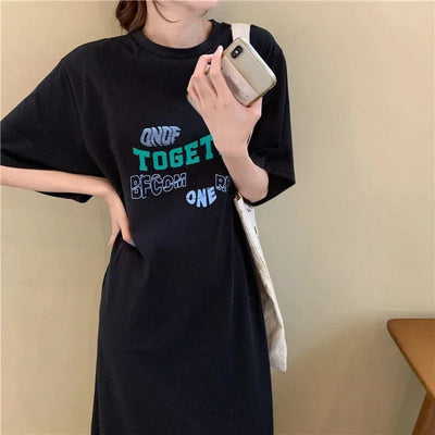 Street Casual Loose T Shirt Dress Summer New Short Sleeve Letter Printing Solid Color Midi Dress Fashion Trend Women Clothing