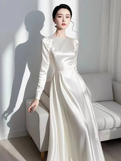 2024 Autumn Elegant Satin Women's Long Sleeve Dress Round Neck White French Midi Skirt Women's A-Line Evening dresses N1013-1