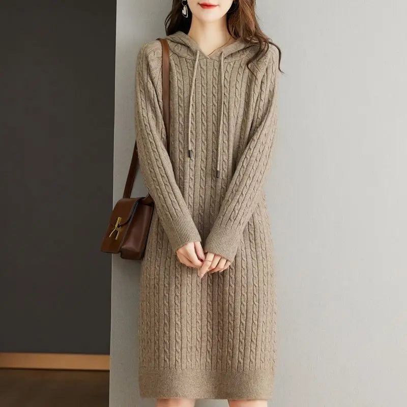 Autumn Winter Women Korean Fashion Simple Twists Hooded Sweater Dresses Elegant Chic Solid Long Sleeve Loose Knitted Midi Dress