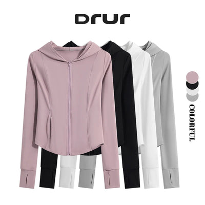 DRUR Women's Jackets Sport Top Long Sleeve Zipper Hooded Yoga Shirt With Pockets Jogger Running Jacket Sportswear Women Yogawear