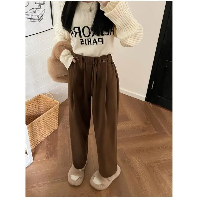 Women Autumn Winter Simplicity Loose Woolen Cloth Solid Color High Waist Straight Women Clothes All-match Warm Casual Suit Pants