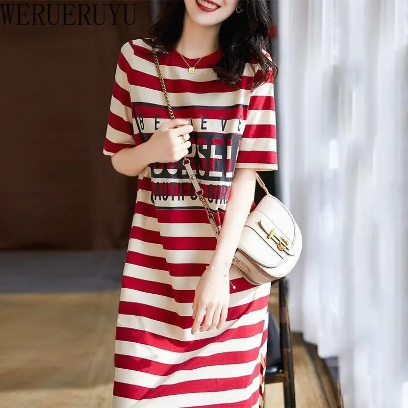 Striped Print Short Sleeve Midi Dress Summer Aesthetic Clothes Korean Fashion Casual Harajuku Dresses for Women 2023 Vestidos