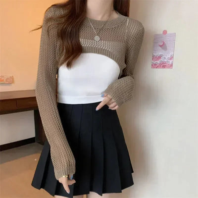 Women Y2k Crochet Knit Hollow Out Crop Top Long Flared Sleeve Shrug Sweater Mesh Cover Ups Cardigan Streetwear