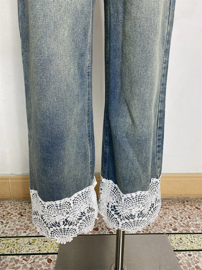 Women's Lace Patchwork Straight Ankle-length Jeans Summer Street Cool Girl Bottoms Wide Legs Pants Female Baggy Denim Trousers