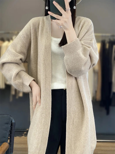 ADDONEE Women Long Cardigan Autumn Winter Cashmere Sweater Casual Loose Style Coat 100% Merino Wool Knitwear Korean Fashion Tops