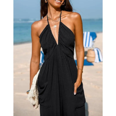 Women's Sexy Deep V-neck Pleated Jumpsuits 2025 New Summer Fashion Solid Color Pockets Halter Neck Backless Foot Binding outfits