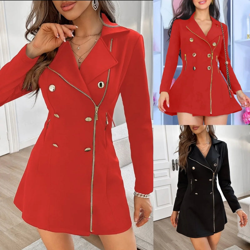 Y2K Blazer bodycon Dress for Women Double Breasted Button Long Sleeve Zipper Pocket Design Notched Collar Office Blazer Dresses