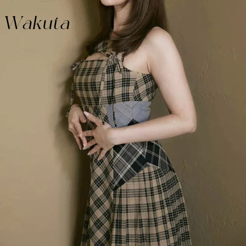 WAKUTA Japanese Retro Hollowed Out Sleeveless Plaid Dress Fashion Autumn Winter Waisted Hip Y2k Dress with Shawl Female Clothing