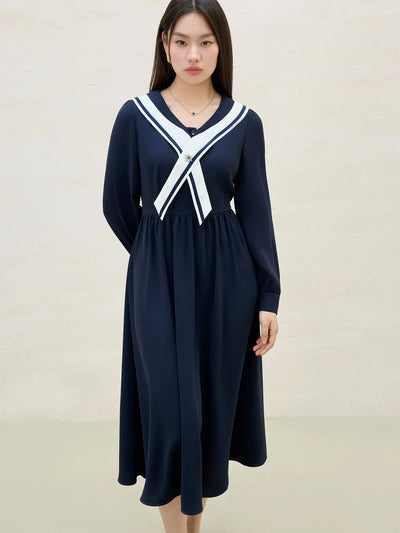 DUSHU Plus Size Women's 2025 Spring New College Style Contrasting Navy Collar Slimming Long Sleeved Dress 25DS81168