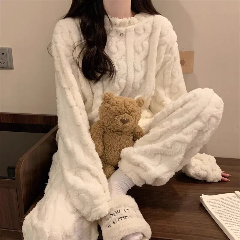 Thickened Warm Sleepwear for Winter Women Flannel Suit Student Pajamas Homewear Tops and Pants Striped Nightwear Loungewear