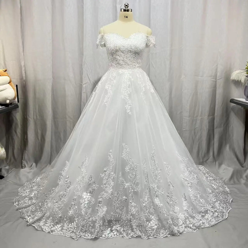 Customized White Off the Shoulder Plus Size Vestido De Noiva Wedding Dress Train Custom Made Plus Size Bridal Tulle Mariage