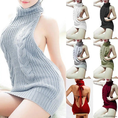 Sexy Women's Sweater Fashion Backless Sleeveless Turtleneck Pullover Knit Sweater Virgin Killer Cosplay Dress Female Jumper