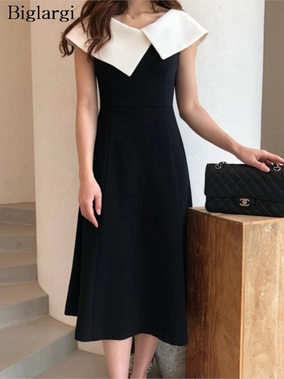 Summer Pullover Midi Dress Women Elegant Fashion Ruffle Pleated Ladies Dresses Patchwork Irregular Collar Korean Woman Dress