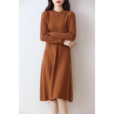 100% Merino Wool, Women's Autumn/Winter Dress, Elegant, Casual, Knitted, Top, Korean Style, Crew Neck, Warm