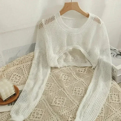 Women Y2k Crochet Knit Hollow Out Crop Top Long Flared Sleeve Shrug Sweater Mesh Cover Ups Cardigan Streetwear