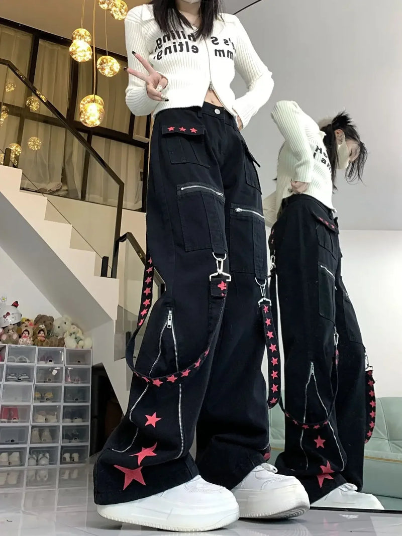 Star Print Jeans Female Y2K Stitching American Street Retro Straight Zipper Pants Campus Summer Harajuku Loose Jeans