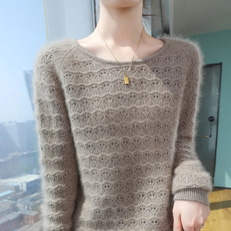 2025 Autumn And Winter New 100% Pure Mink Fur Knitted Hollow Sweater Women&