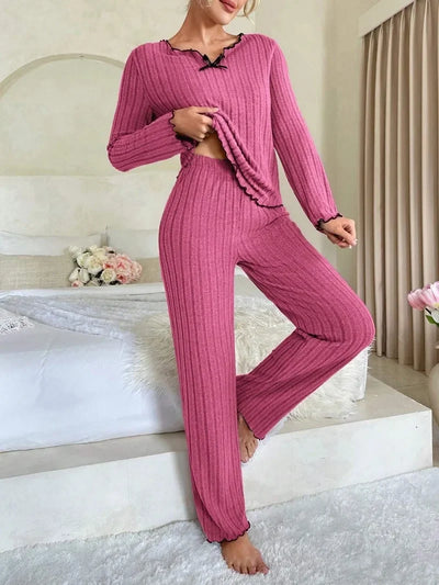 Women Autumn Winter Sleepwear Ribbed Pajamas Set Long Sleeve Top and Long Pants 2 Piece Set Casual Homewear Loungewear