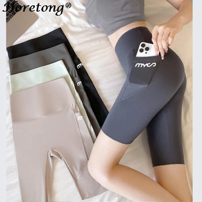 Horetong Women Sports Shorts With Pocket High Waist Fitness Casual Streetwear Short Trousers Female Tight Shorts Workout Pants